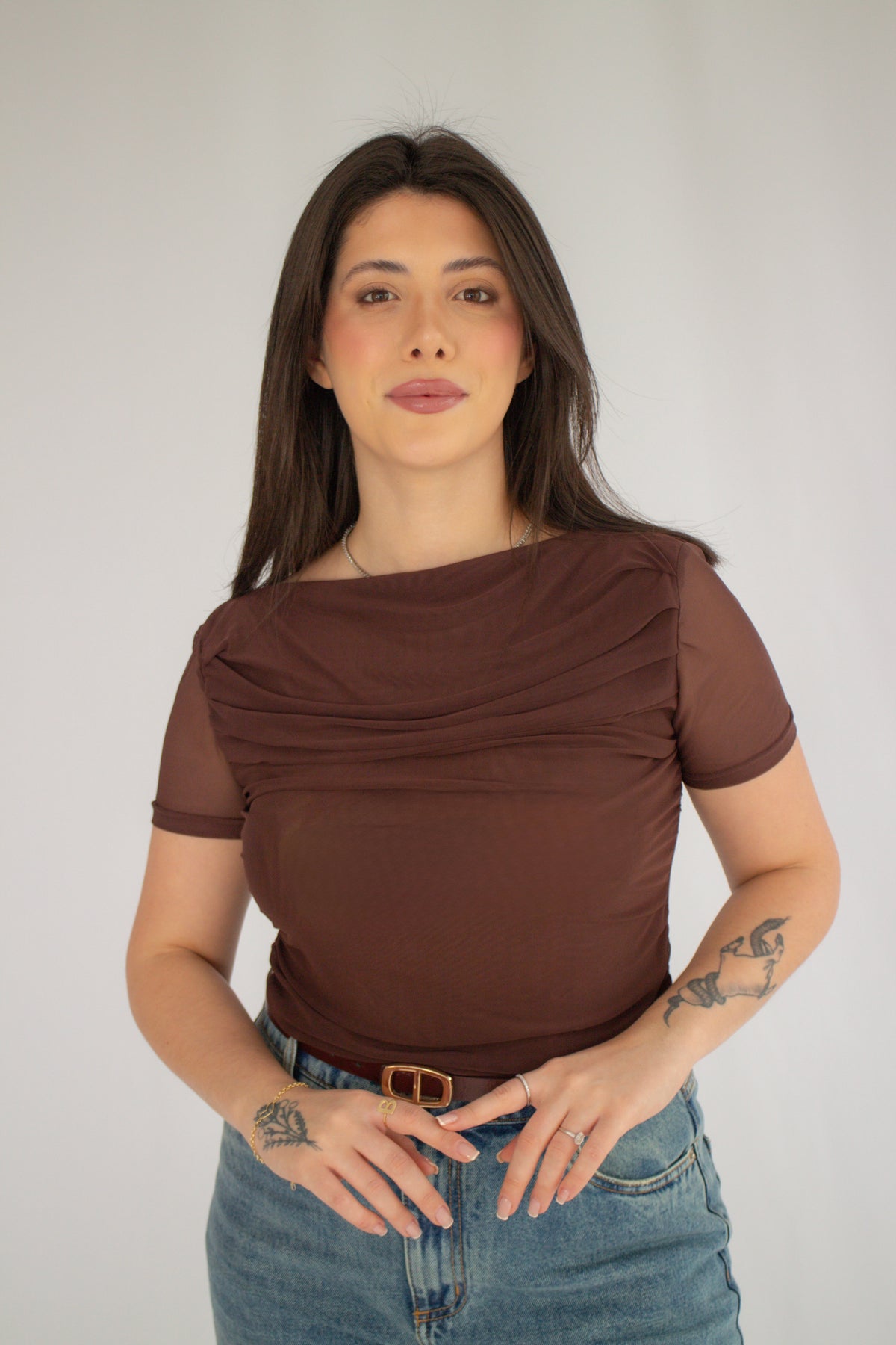 Blusa Tule Duplo Maitê Marrom